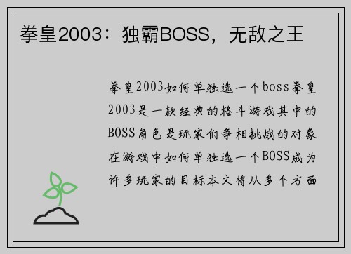 拳皇2003：独霸BOSS，无敌之王